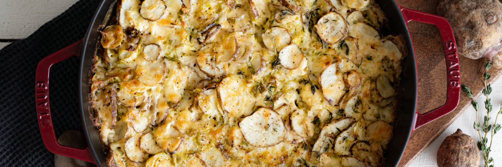 Rezept des Monats: Topinambur-Rosenkohl-Gratin