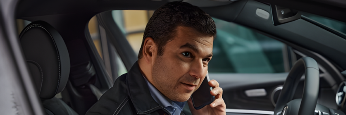 Ingenieur im Auto am Handy