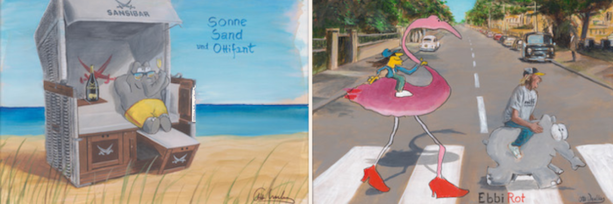 links Ottifant, rechts Flamingo und Udo