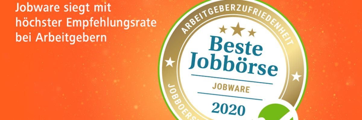 Gold im Jobboersencheck 2020 - Jobware siegt zum 10. Mal in Folge mit höchster Zufriedenheit und Empfehlungsrate bei Arbeitgebern Verwendung für redaktionelle Zwecke honorarfrei unter Angabe der ©Jobware GmbH 