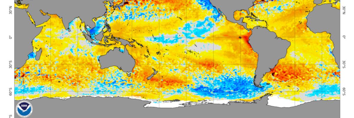  	 Orangene bis rote Farben vor der Küste Südamerikas deuten aktuell auf eine deutliche Erwärmung des Meeres hin. Dargestellt sind die Abweichungen der Temperatur des Oberflächenwassers gegenüber dem langjährigen Mittel ©NOAA
