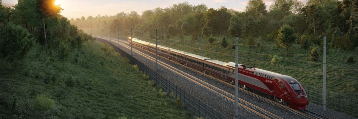 Ein Eurostarzug im Sonnenaufgang