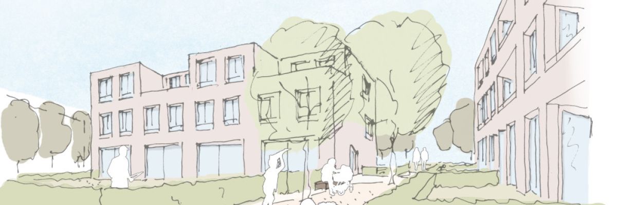 Entlang der „grünen Mitte“ realisiert BPD rund 100 Eigentumswohnung und Reihenhäuser / Visualisierung: Thomas Schüler Architekten Stadtplaner 