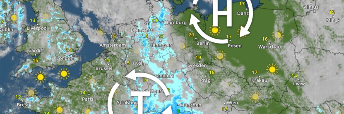 Große Wettergegensätze sind am Donnerstagnachmittag im WetterRadar zu erkennen. Der Nordosten liegt unter Hochdruckeinfluss, während ein Tief im Süden für Dauerregen sorgt