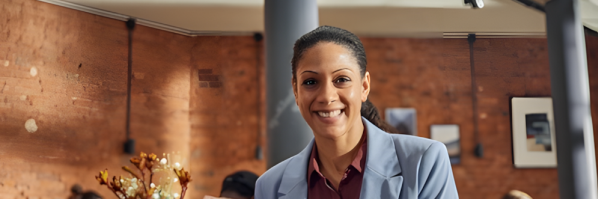 Junge Frau sitzt im Café mit Handy